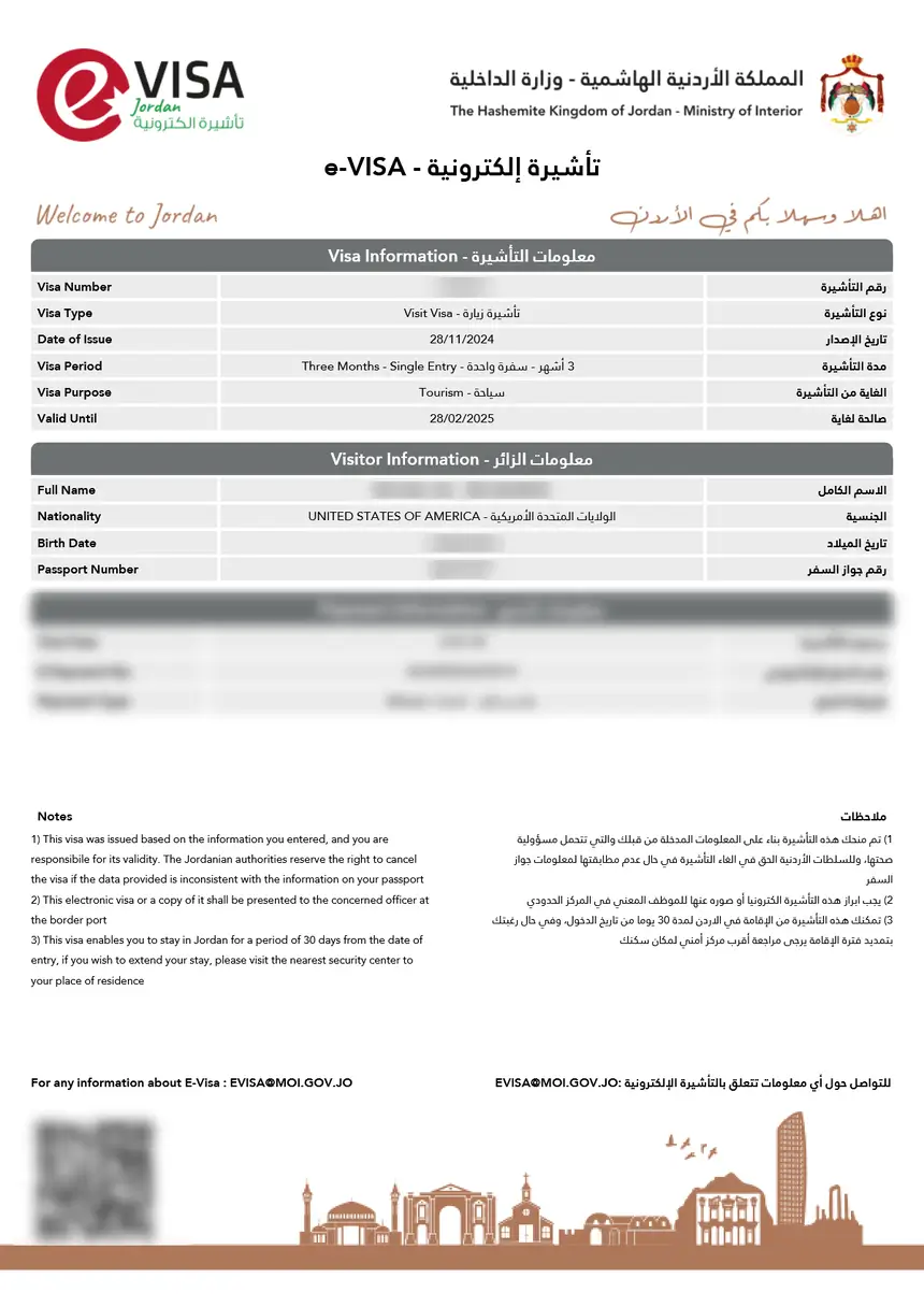 Jordanien eVisa Muster – elektronisches Visum